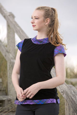 Maggie velvet top with Wardlaw tartan trim