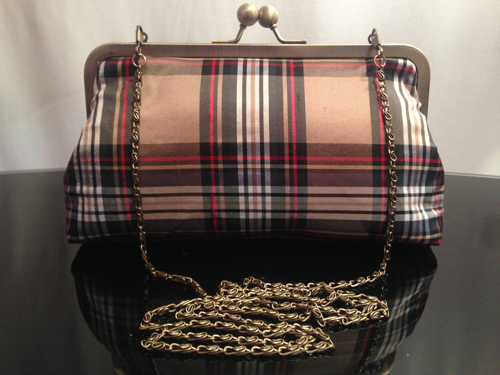 women tartan clutch bag with chain 
